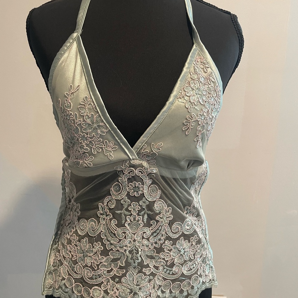 Delicate Lace Halter Tank Top - Pale Sage Green